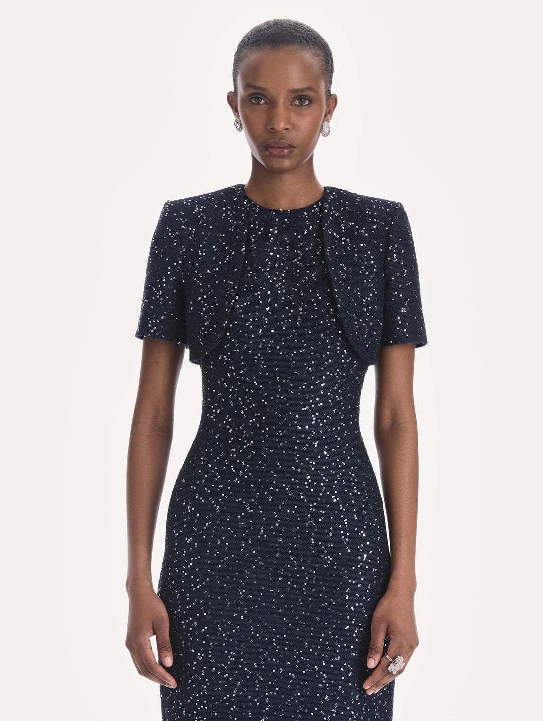Oscar de la Renta Short Sleeve Sequin Tweed Cape