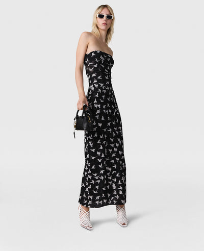 Dove Print Mesh Strapless Midi Dress - Black/White