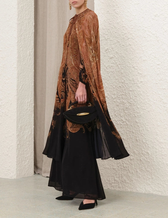 Hypnotic Caped Maxi Dress - Black Paisley