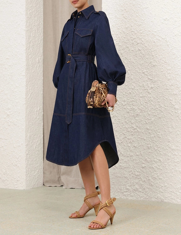 DENIM CARGO MIDI DRESS - Ink