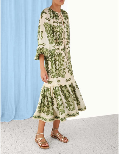 RAIE TIERED BILLOW MIDI DRESS - Green Damask
