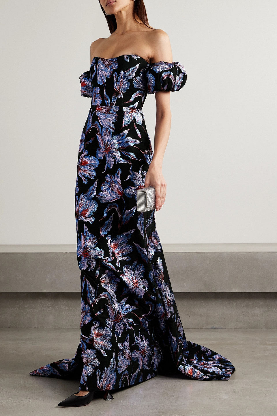 astaire off-the-shoulder brocade gown - Red Multi