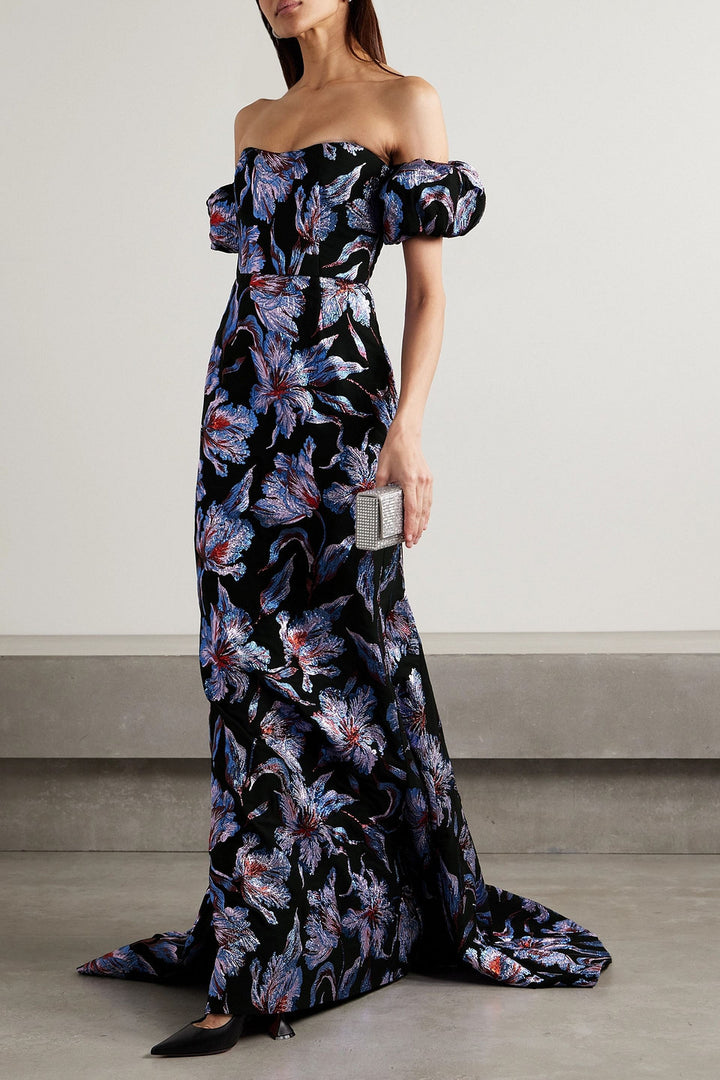 astaire off-the-shoulder brocade gown - Red Multi