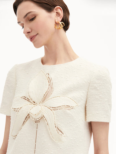 Orchid Embroidered Tweed Shift Dress - Ivory