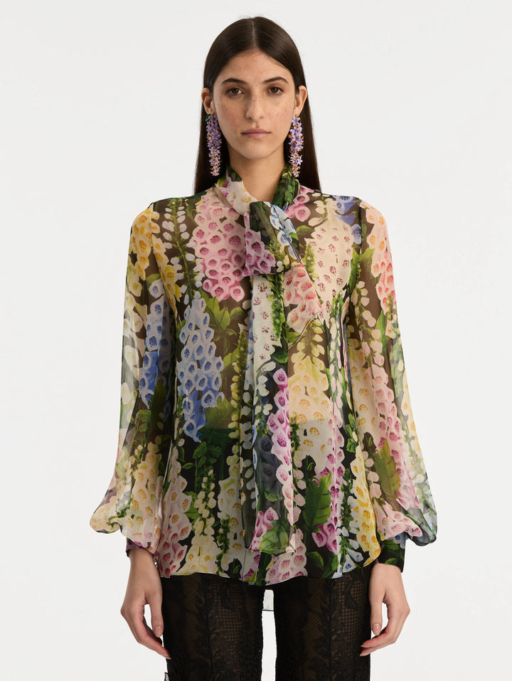 Foxglove Tie-Neck Chiffon Blouse - Black Multi