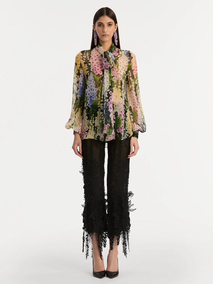 Foxglove Tie-Neck Chiffon Blouse - Black Multi