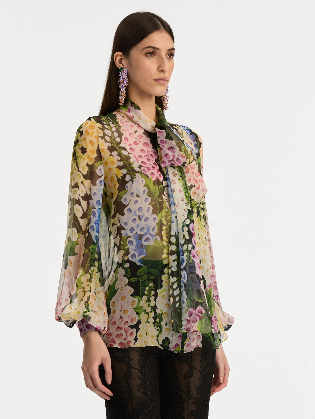 Foxglove Tie-Neck Chiffon Blouse - Black Multi