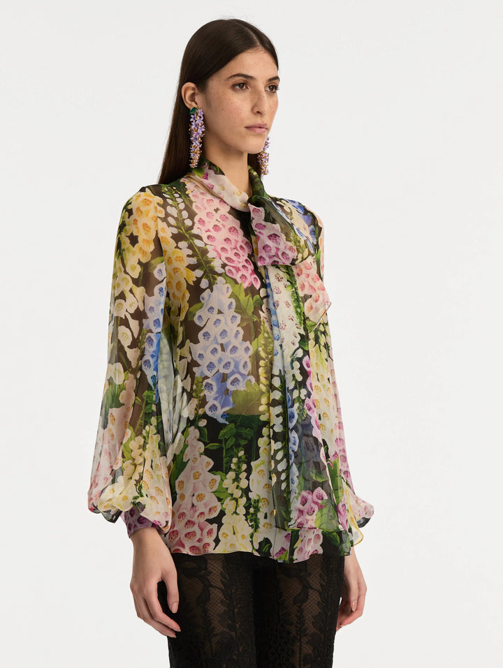 Foxglove Tie-Neck Chiffon Blouse - Black Multi
