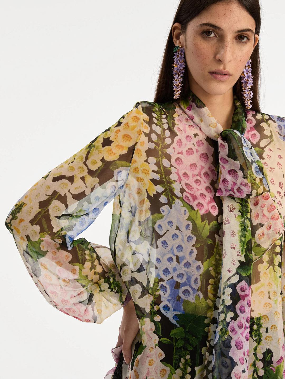 Foxglove Tie-Neck Chiffon Blouse - Black Multi