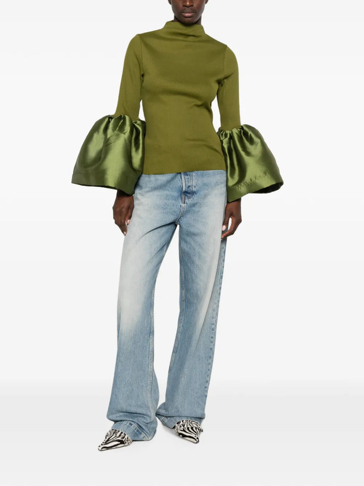 Satin Puff Cuff Ribbed Mock Neck Top - Green