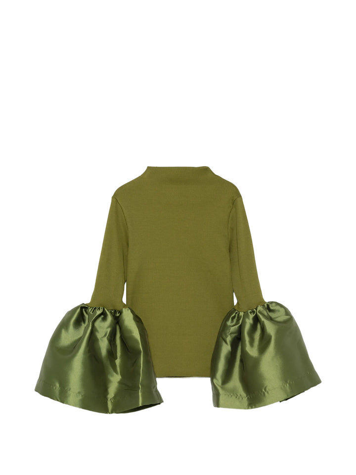 Satin Puff Cuff Ribbed Mock Neck Top - Green