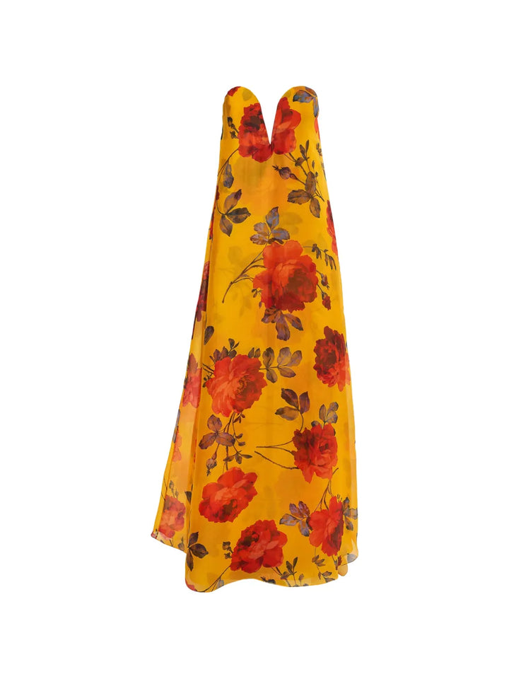 Rose-Print Organza V-Neck Gown - Topaz