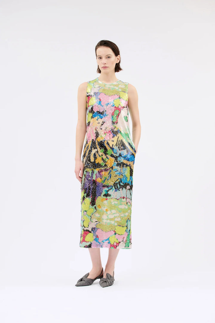 Abstract Sequin Midi Dress - Green Multi