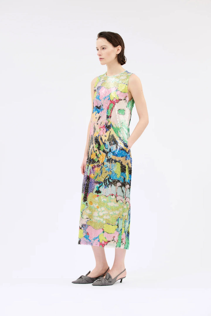 Abstract Sequin Midi Dress - Green Multi