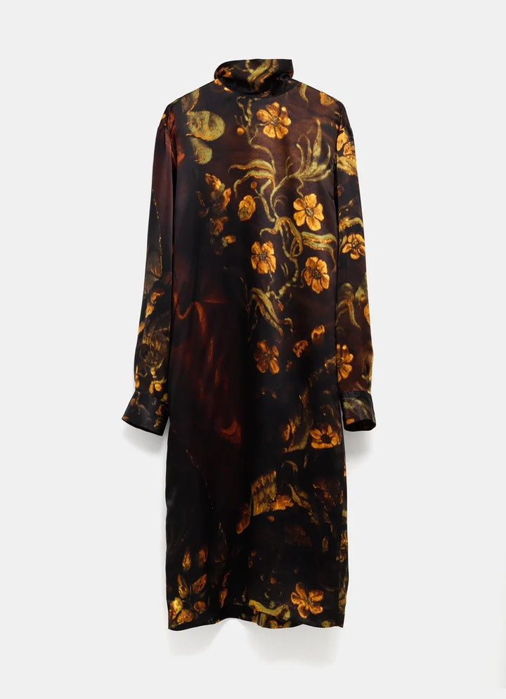 Floral Silk Midi Dress - Black multi
