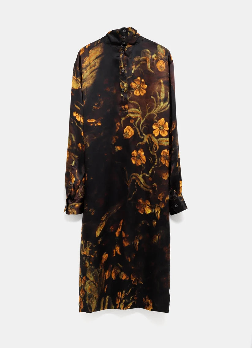 Floral Silk Midi Dress - Black multi