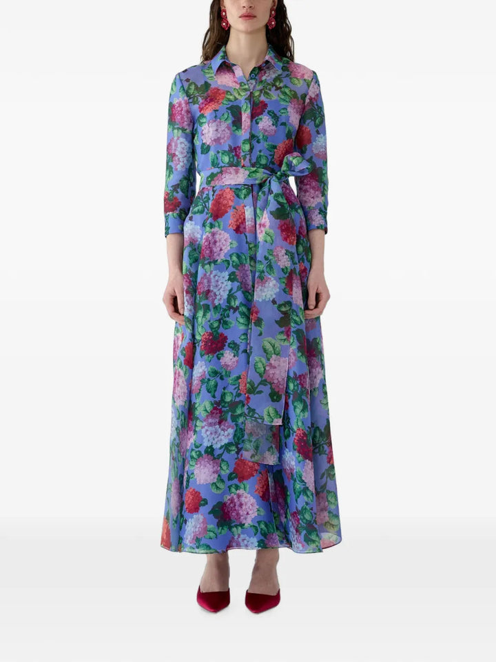 Hydrangea-Print Organza Trench Dress - Blue Multi