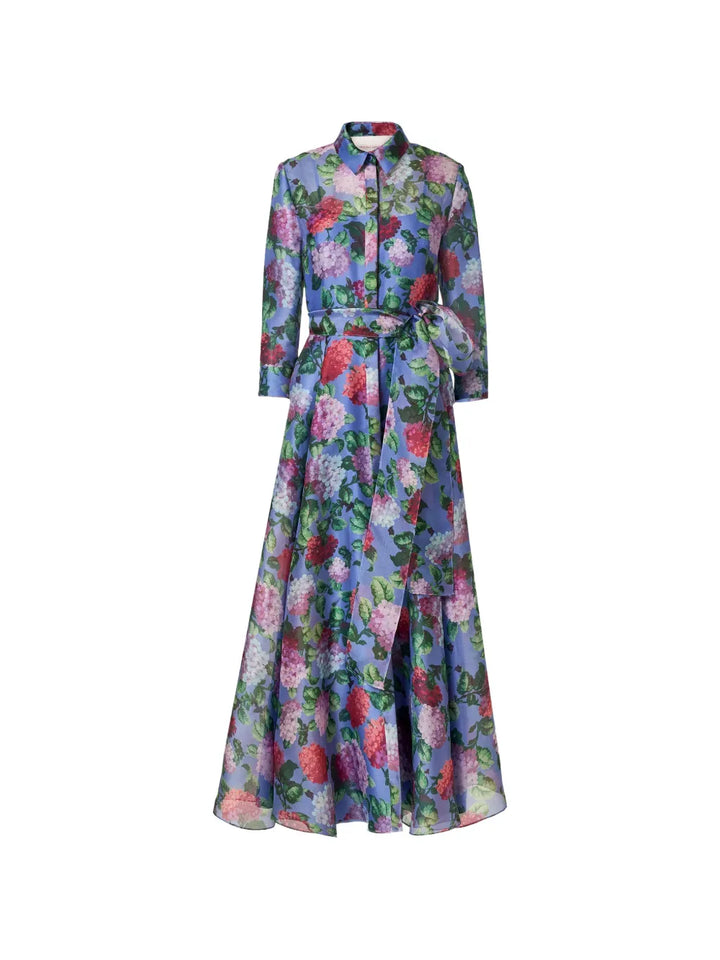 Hydrangea-Print Organza Trench Dress - Blue Multi