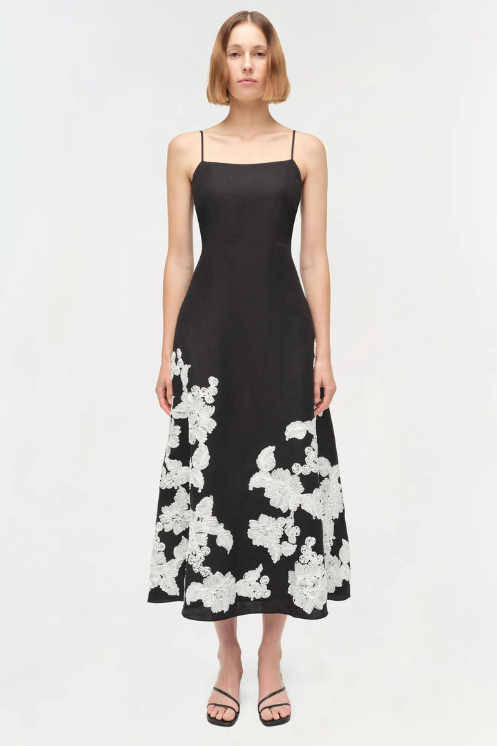 Annabella Soutache Linen Midi Dress - Black Multi
