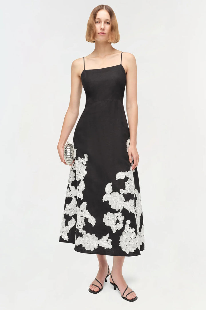Annabella Soutache Linen Midi Dress - Black Multi