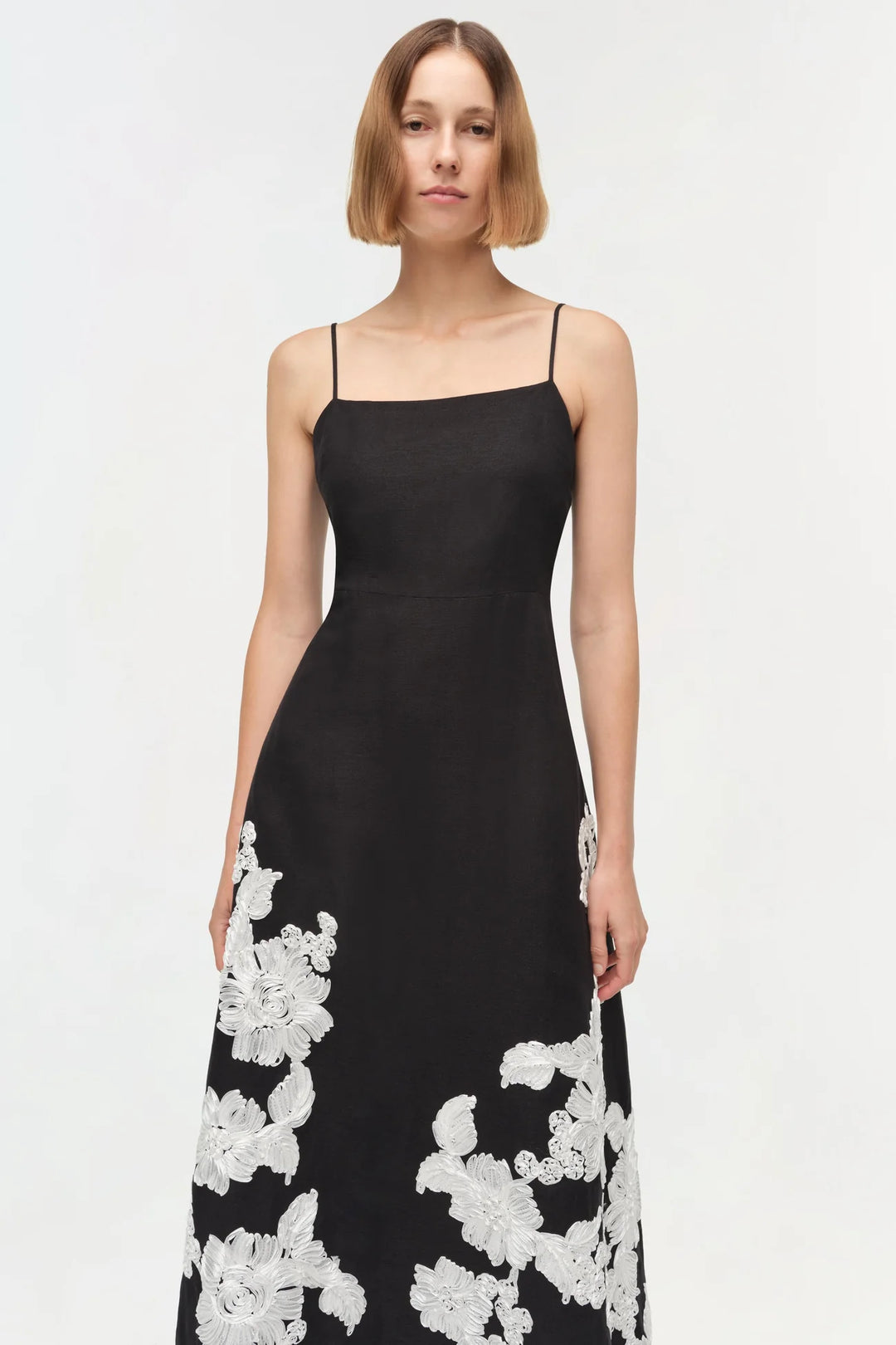 Annabella Soutache Linen Midi Dress - Black Multi