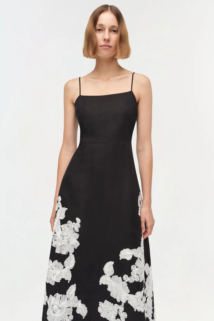 Annabella Soutache Linen Midi Dress - Black Multi