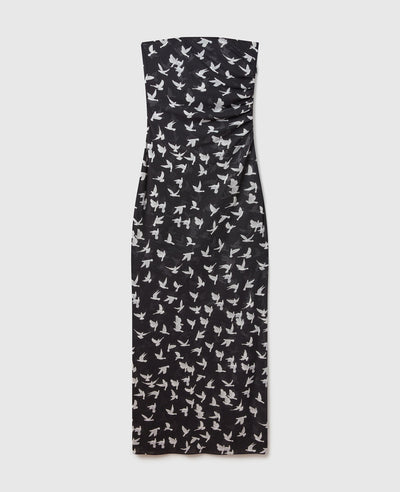Dove Print Mesh Strapless Midi Dress - Black/White