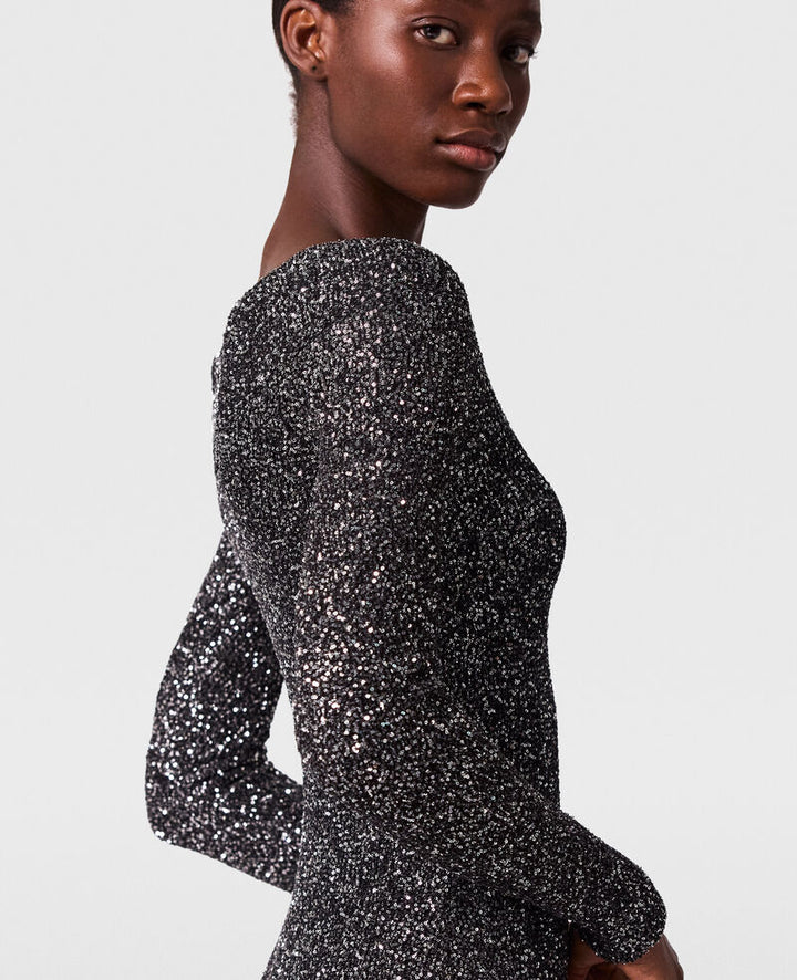 Sequin Off-Shoulder Floor-Length Dress - Black