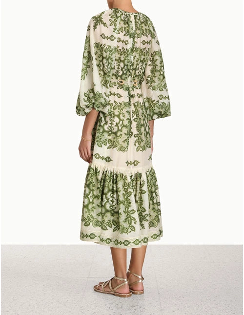 RAIE TIERED BILLOW MIDI DRESS - Green Damask