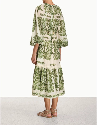 RAIE TIERED BILLOW MIDI DRESS - Green Damask