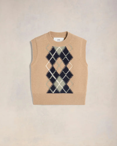 Argyle Sleeveless Sweater - Nude/Navy/Green Aqua