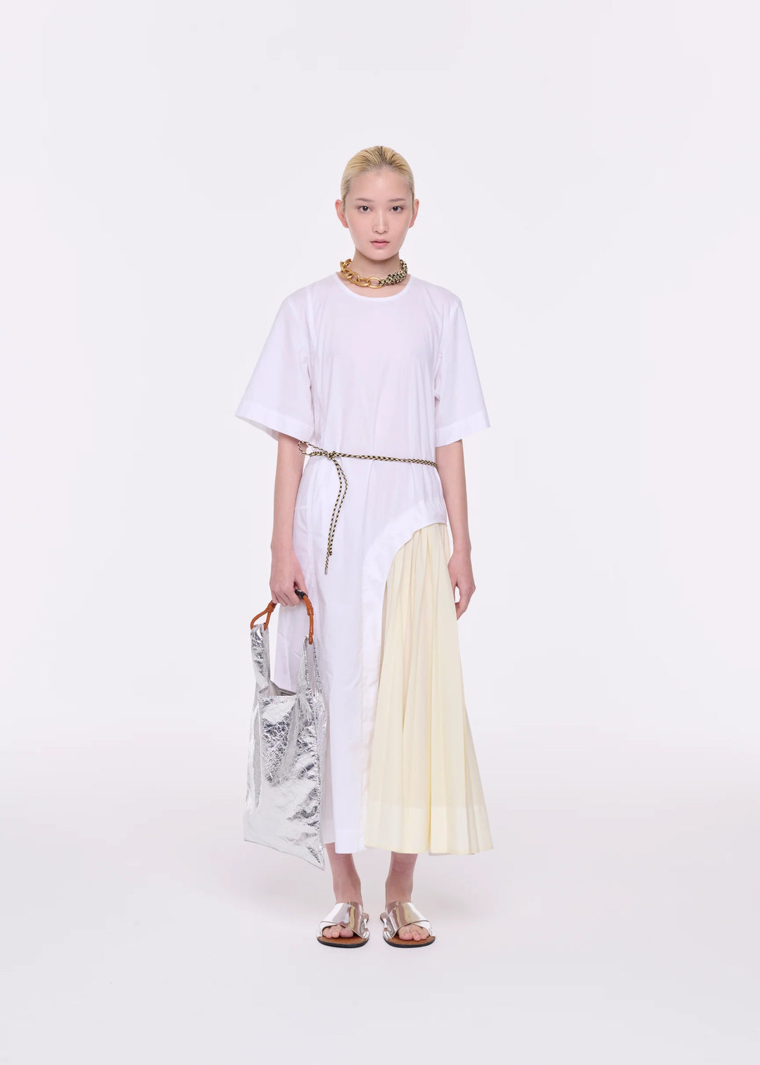 COTTON DRESS WITH PLEAT INSERT - White