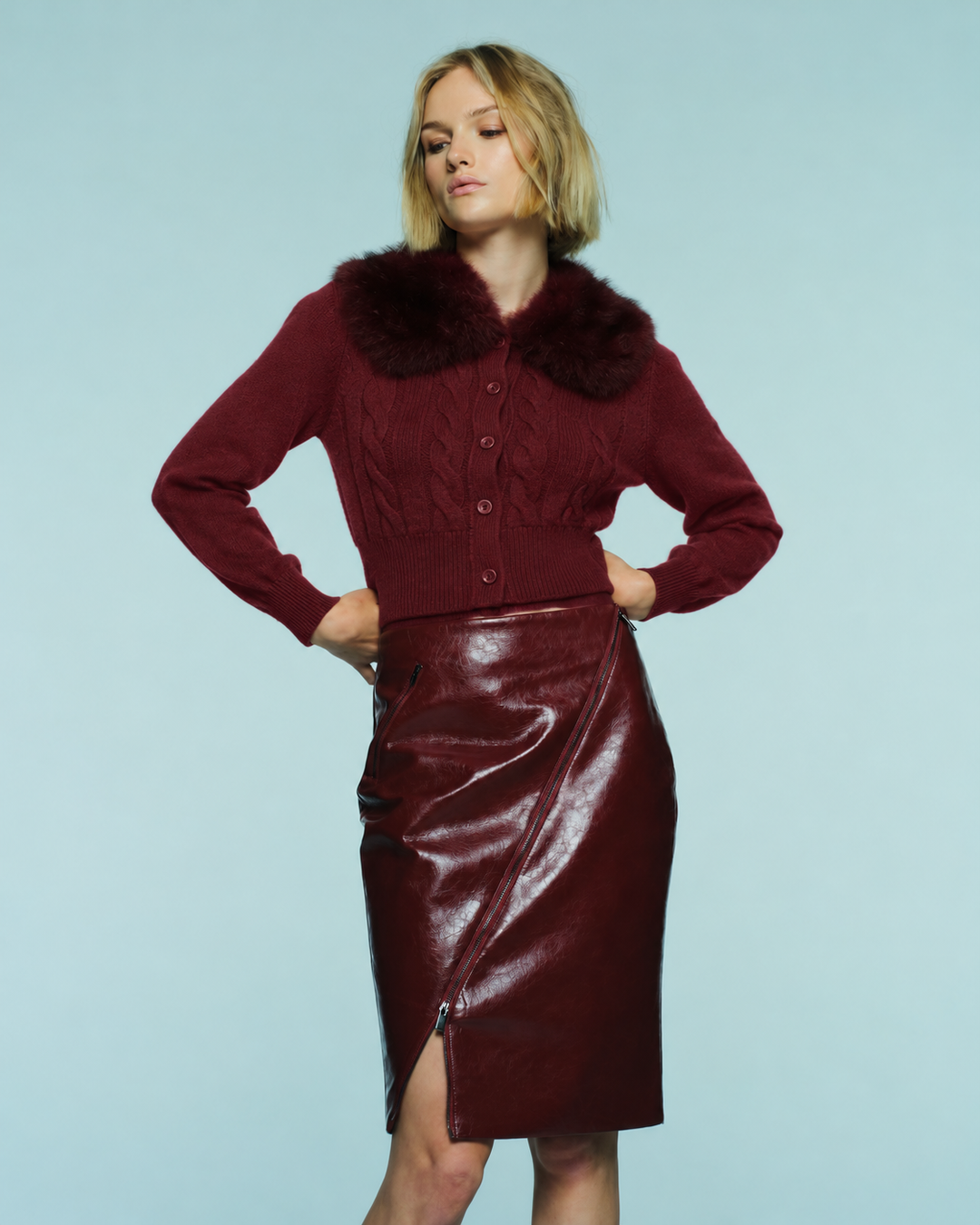 Rita Cable Knit with Fur Collar - Garnet