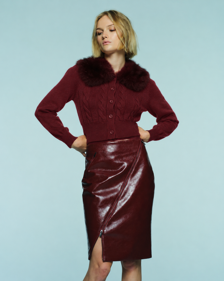 Rita Cable Knit with Fur Collar - Garnet