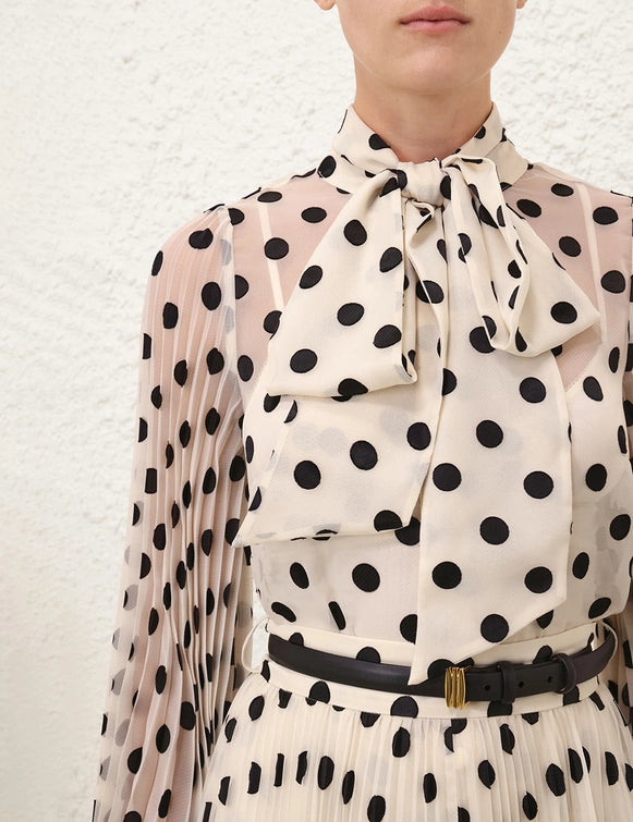 Pussybow Blouse - Cream/Black Dot