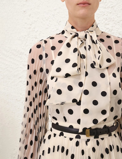 Pussybow Blouse - Cream/Black Dot