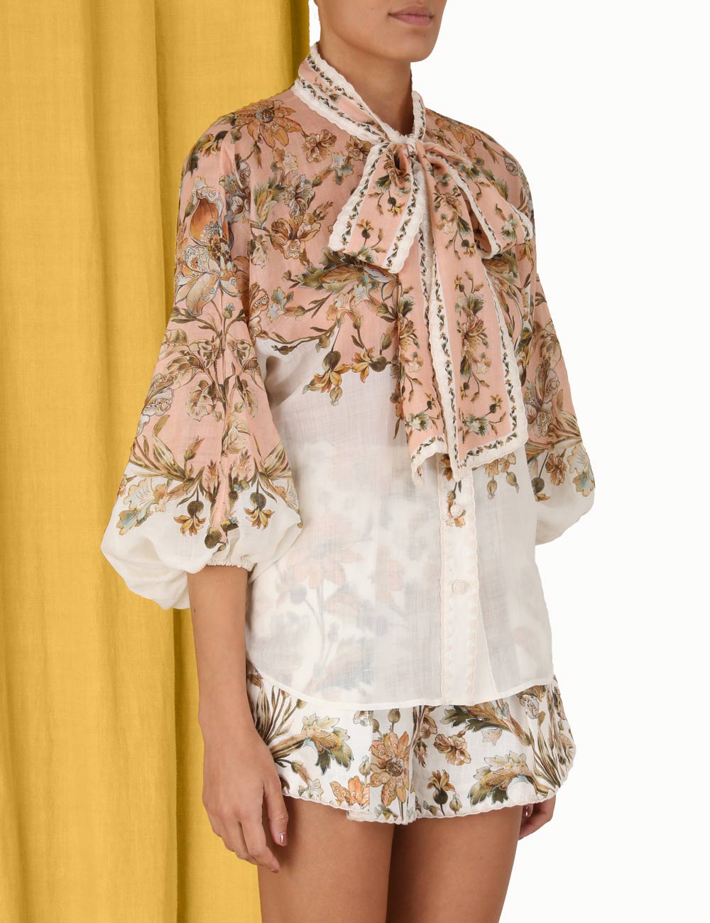 CHINTZ TIE NECK BLOUSE - Pink Daisy Floral