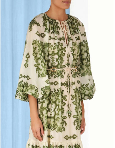 RAIE TIERED BILLOW MIDI DRESS - Green Damask