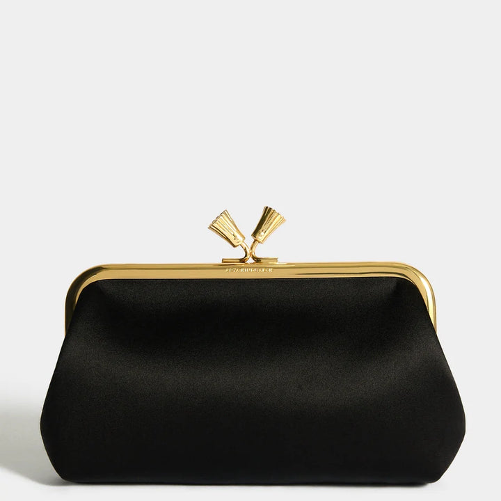 Maud Tassel Clutch – Black Recycled Satin