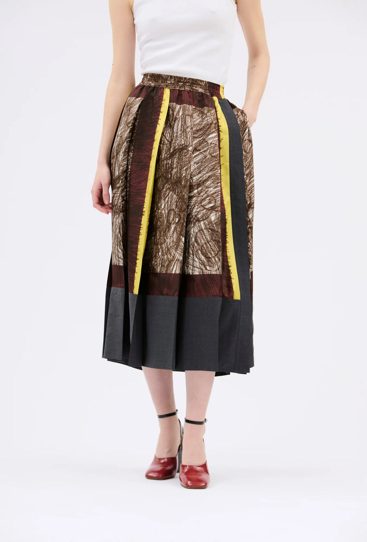 Foulard Scribbles Pleated Skirt - Brown Multi
