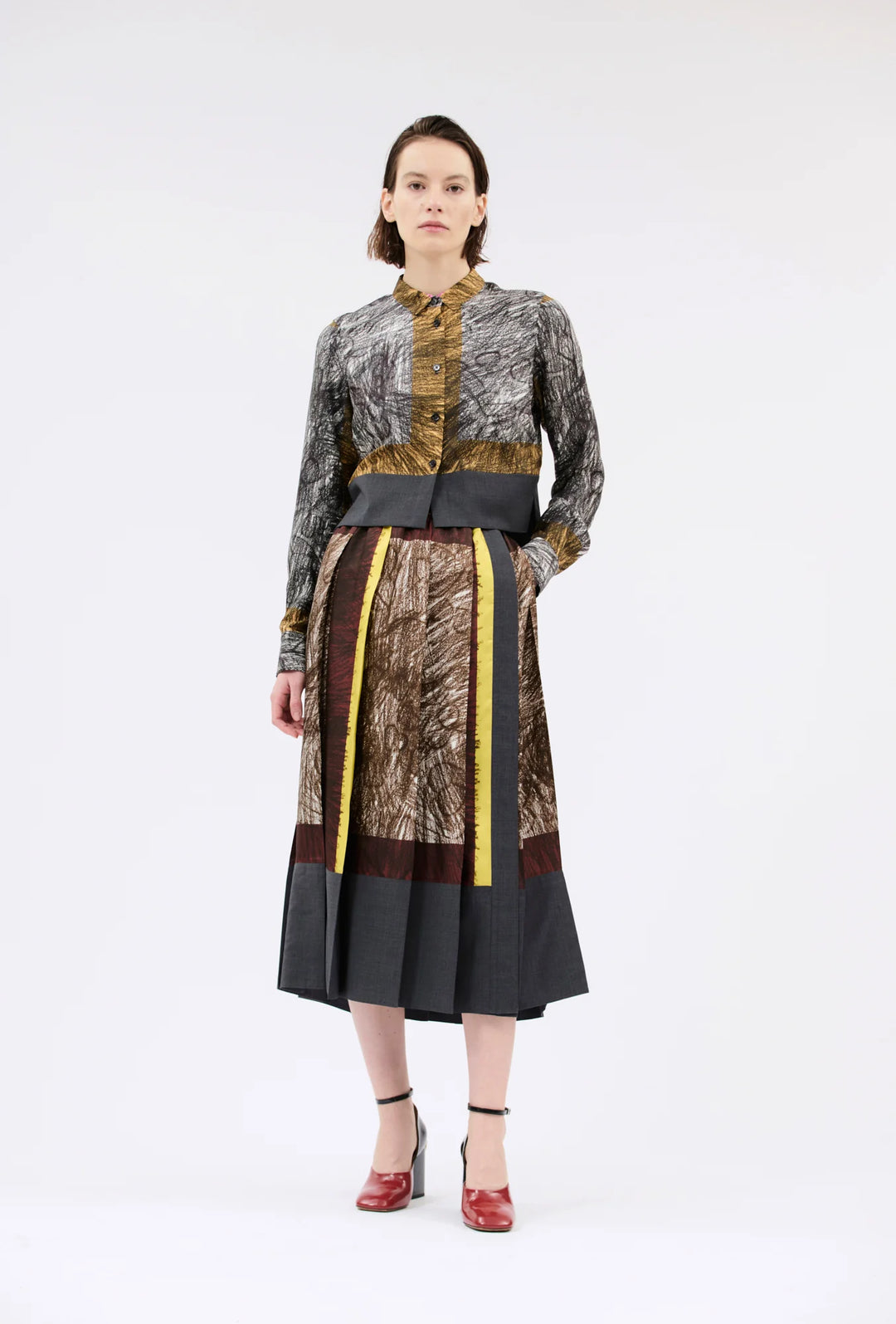 Foulard Scribbles Pleated Skirt - Brown Multi