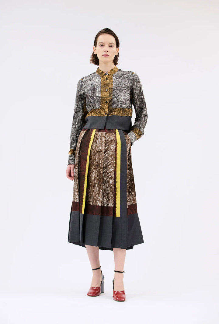 Foulard Scribbles Pleated Skirt - Brown Multi