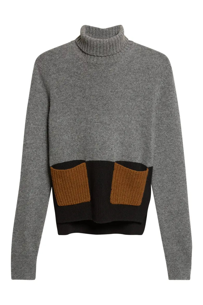 Colorblock Cashmere Turtleneck Sweater - Grey