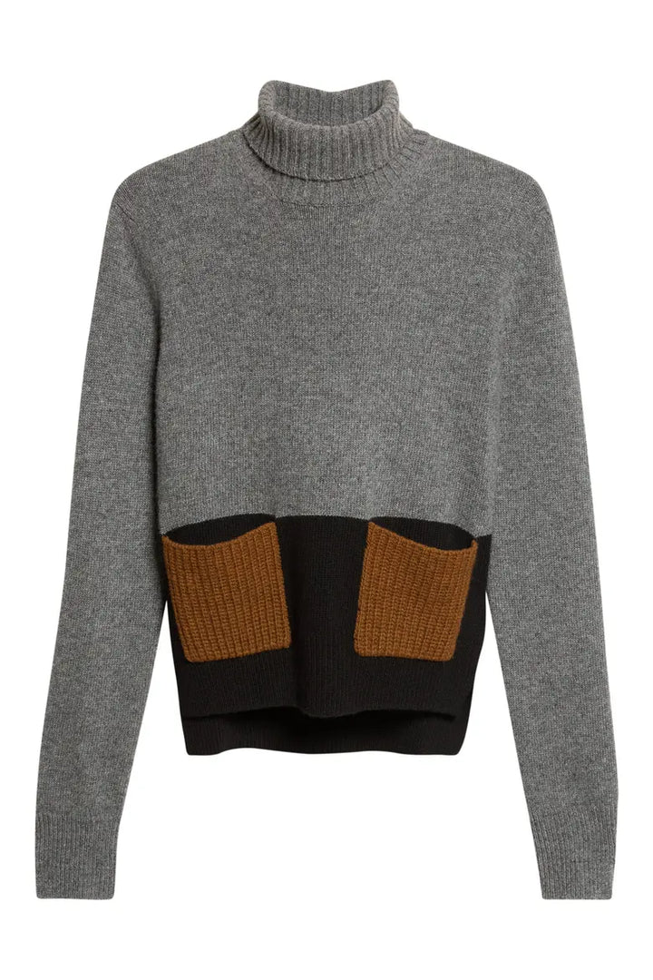 Colorblock Cashmere Turtleneck Sweater - Grey