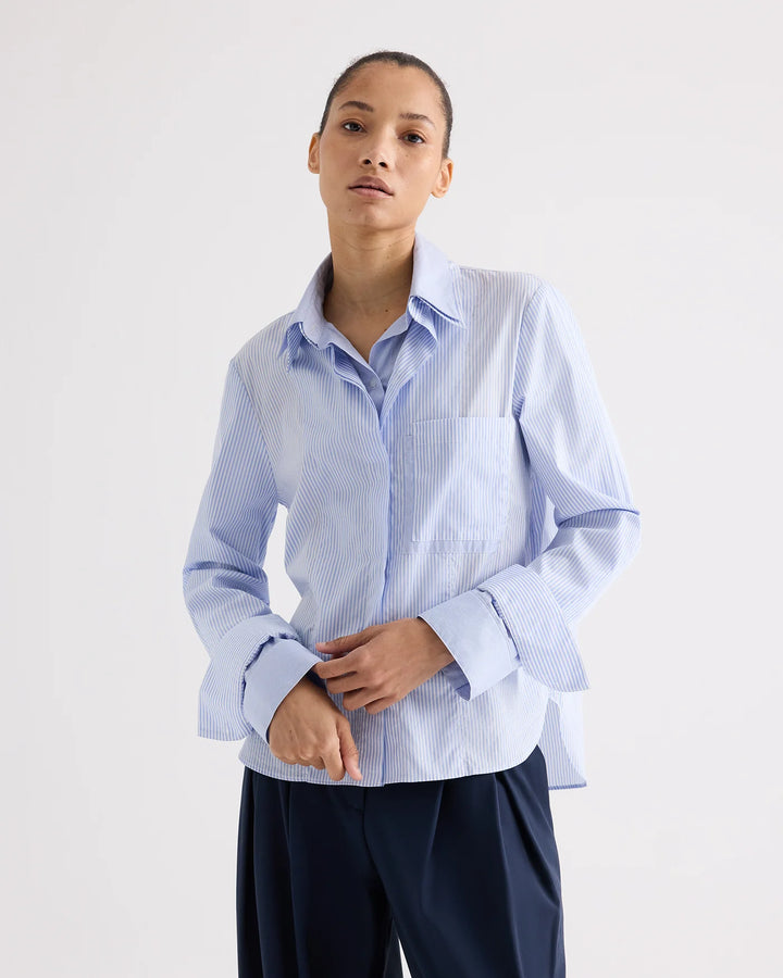 Double Layer Boyfriend Shirt - Medium Blue/Light Blue