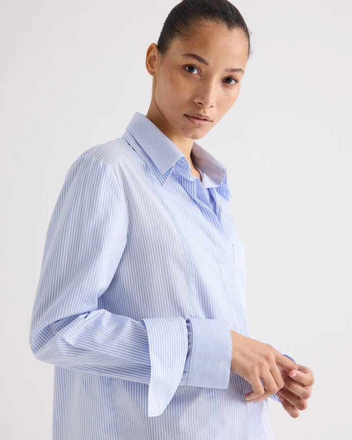 Double Layer Boyfriend Shirt - Medium Blue/Light Blue