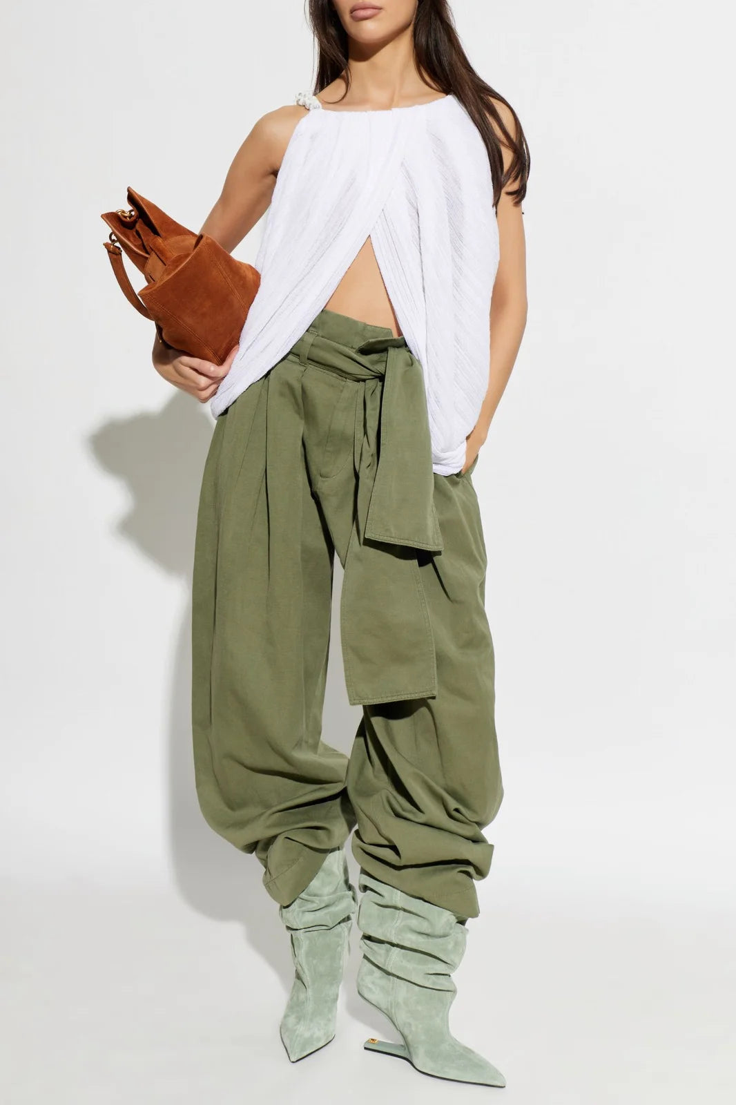Draped Beaded-Strap Top - White