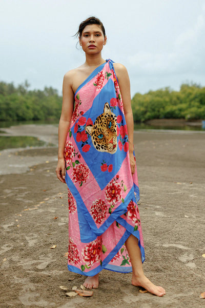 Draped Scarf Skirt - Blue and Pink Leopard Face Print