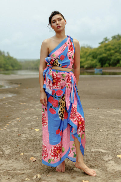 Draped Scarf Skirt - Blue and Pink Leopard Face Print