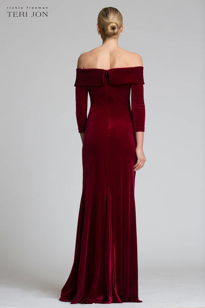 Off The Shoulder Stretch Velvet Portrait Collar Column Gown - Wine